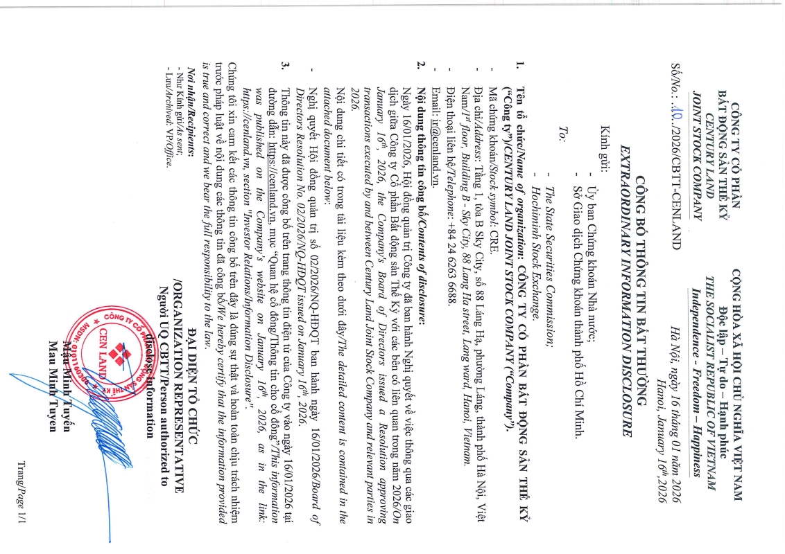NQ HĐQT về việc th&ocirc;ng qua c&aacute;c giao dịch giữa C&ocirc;ng ty Cổ phần Bất động sản Thế Kỷ với c&aacute;c b&ecirc;n c&oacute; li&ecirc;n quan trong năm 2026